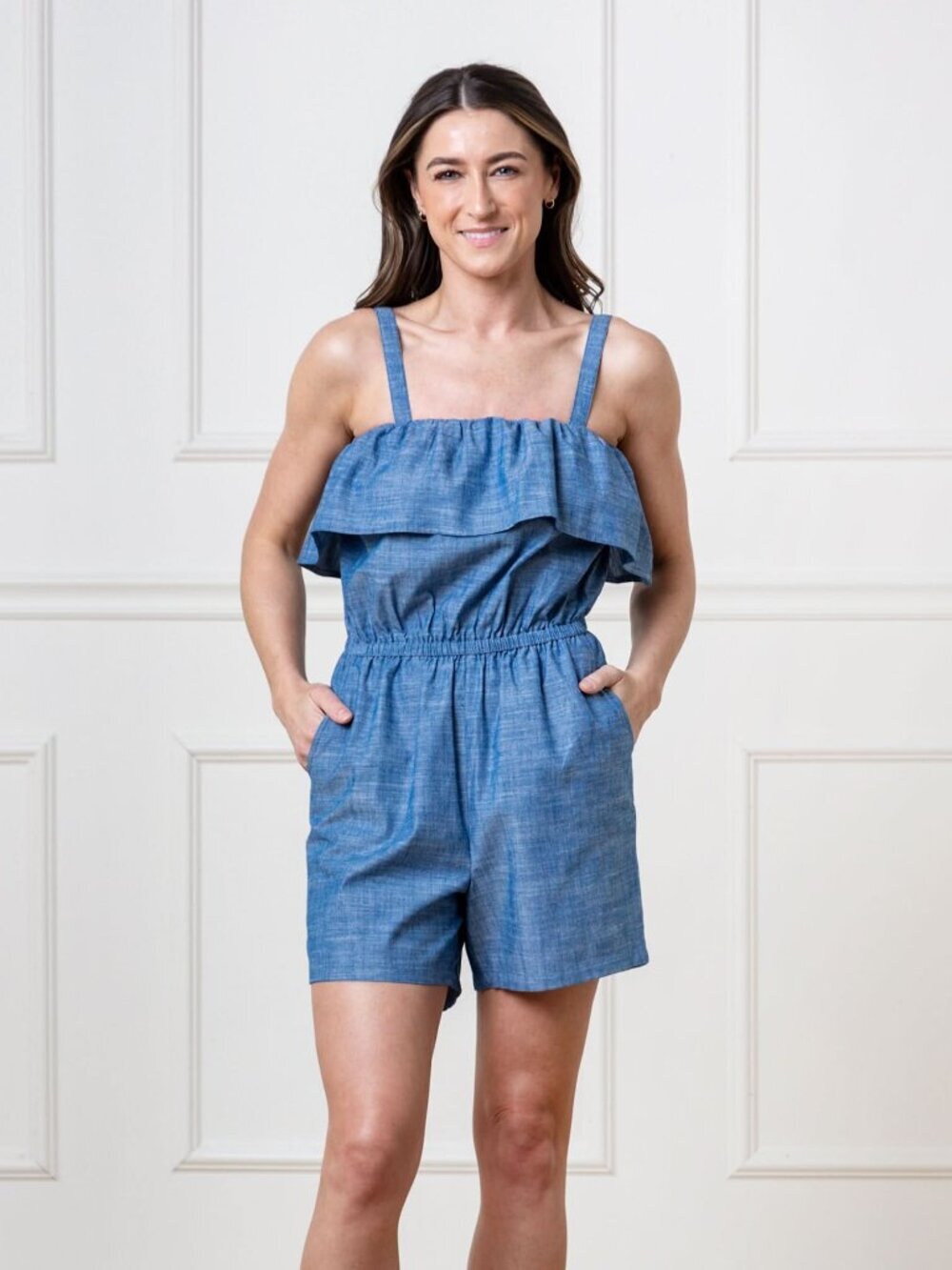 Hope & Henry Organic Ruffle Top Romper - Chambray